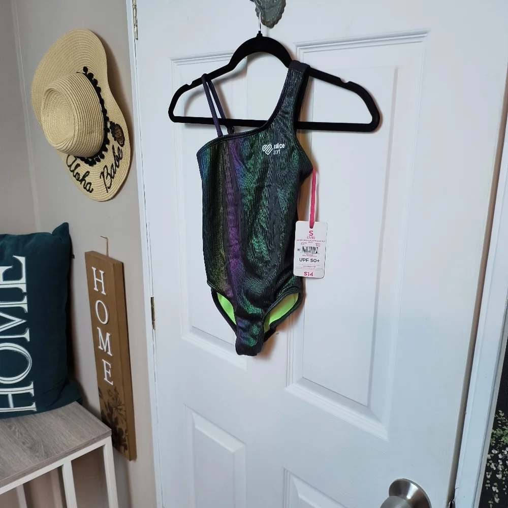 NWT Justice One Piece Swim Bathing Suit 7/8 Iridescent Shimmer Oil Slick